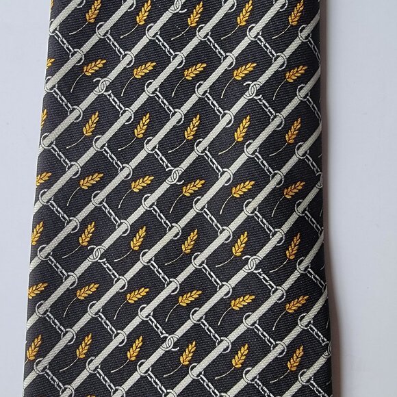 CHANEL Men's Vintage Tie 100% Silk Made in Italy black with yellow wheat pattern - Picture 3 of 5